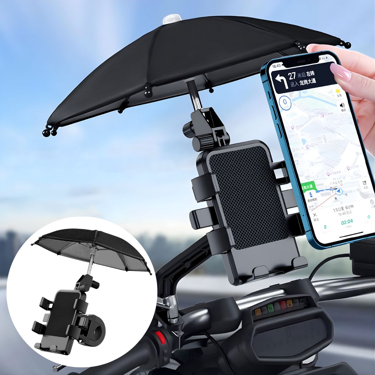 Porta Celular Ajustable Con Mini Paraguas Para Protección Solar Y Lluvia. MOTO