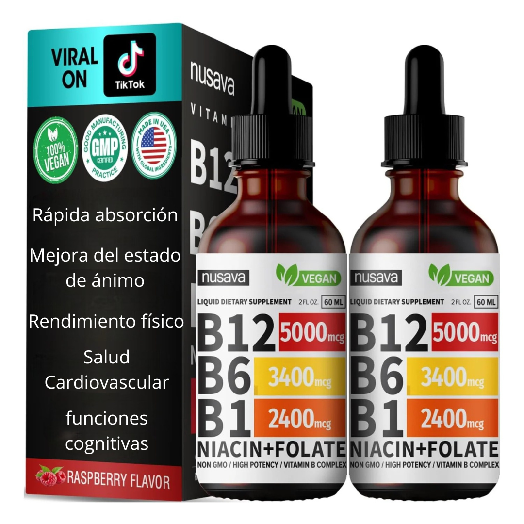Gotas líquidas de vitamina B12 y B6, complejo de vitamina B12 sublingual - Vitamina B12 5000 mcg - Metilcobalamina B12 para energía, apoyo cerebral y cardíaco con 27,200 mcg, frambuesa, 80 porciones