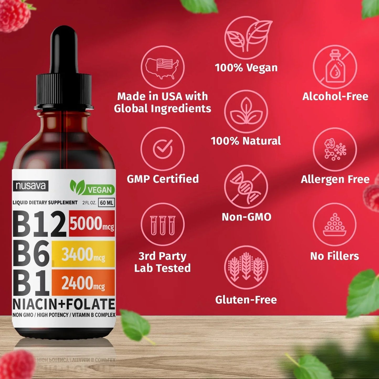 Gotas líquidas de vitamina B12 y B6, complejo de vitamina B12 sublingual - Vitamina B12 5000 mcg - Metilcobalamina B12 para energía, apoyo cerebral y cardíaco con 27,200 mcg, frambuesa, 80 porciones